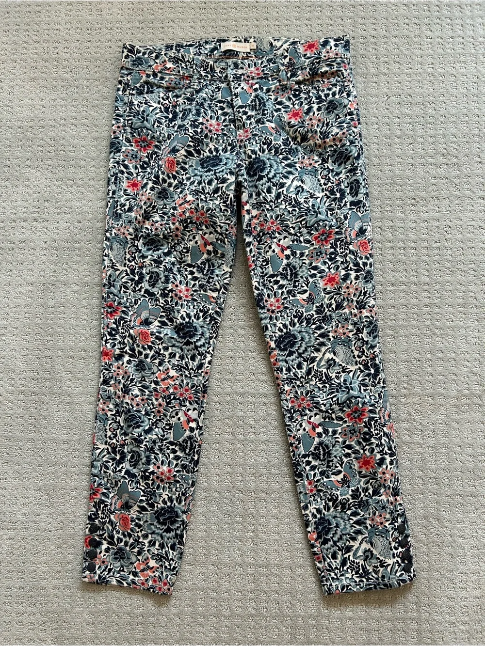 Tory Burch Floral Ankle Skinny Jeans - Navy, Coral & Cream